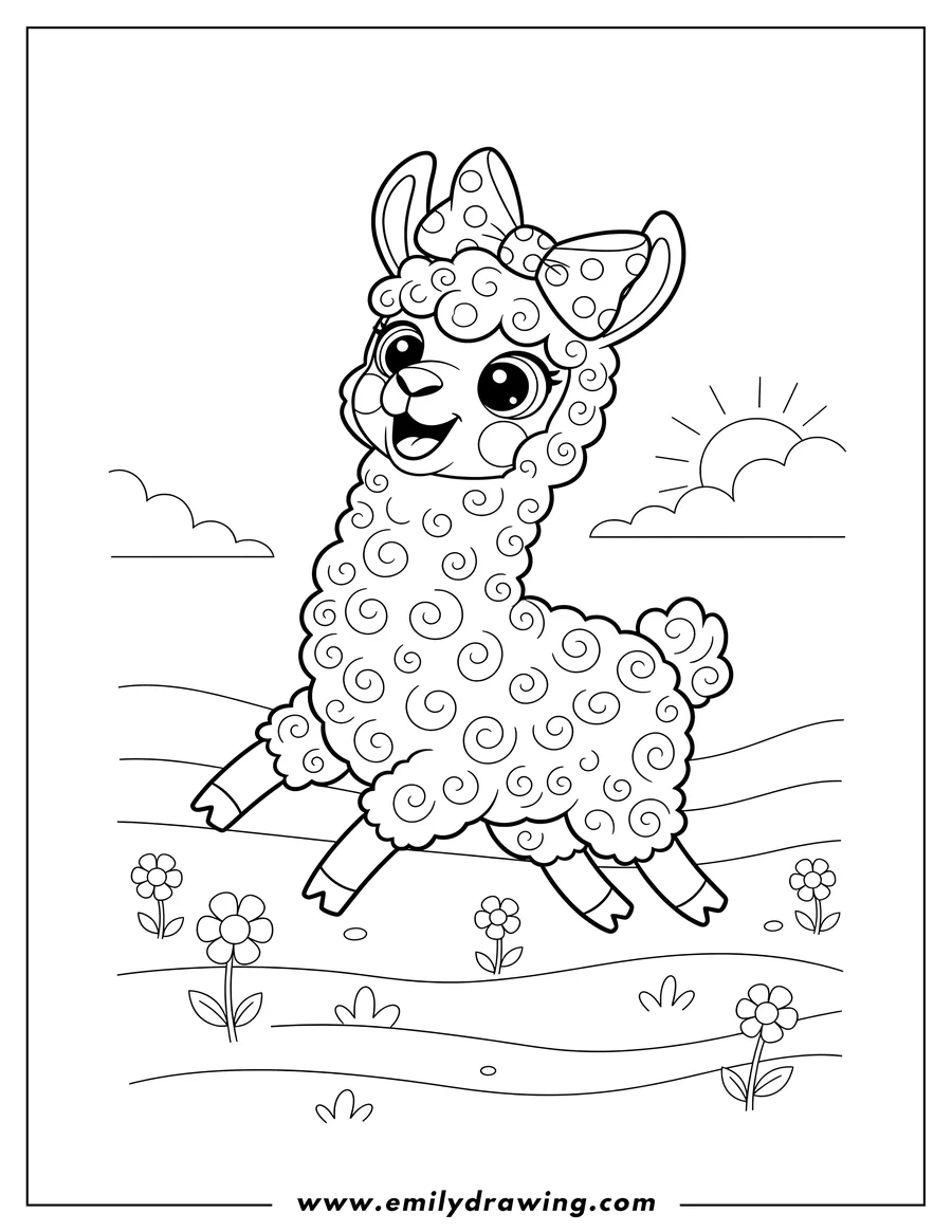 Downloadable coloring page of A cute cartoon happy llama with big eyes, a bow on its head, and curly fur, leaping in an open field