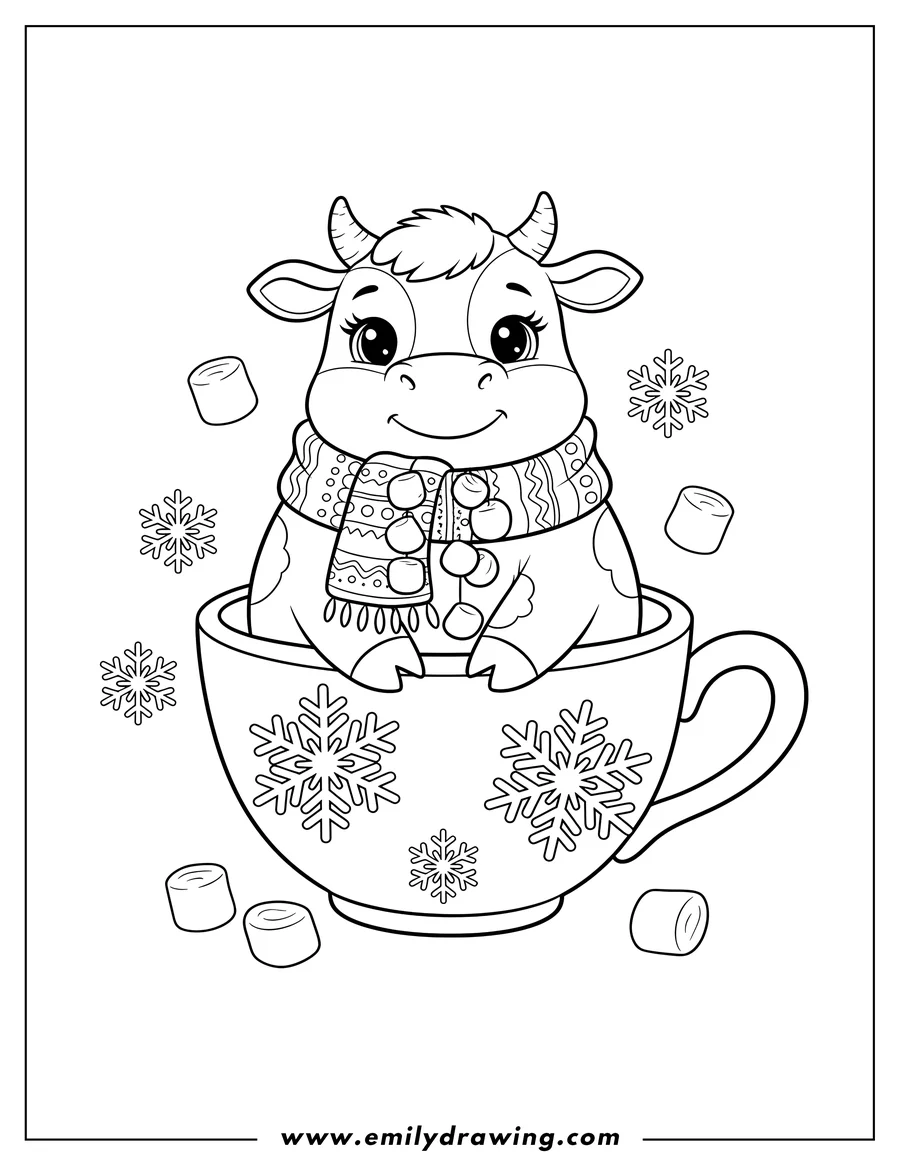 Coloring page for kids: cute Cow wearing a scarf and marshmallows, sitting in a Teacup with Snowflake Design