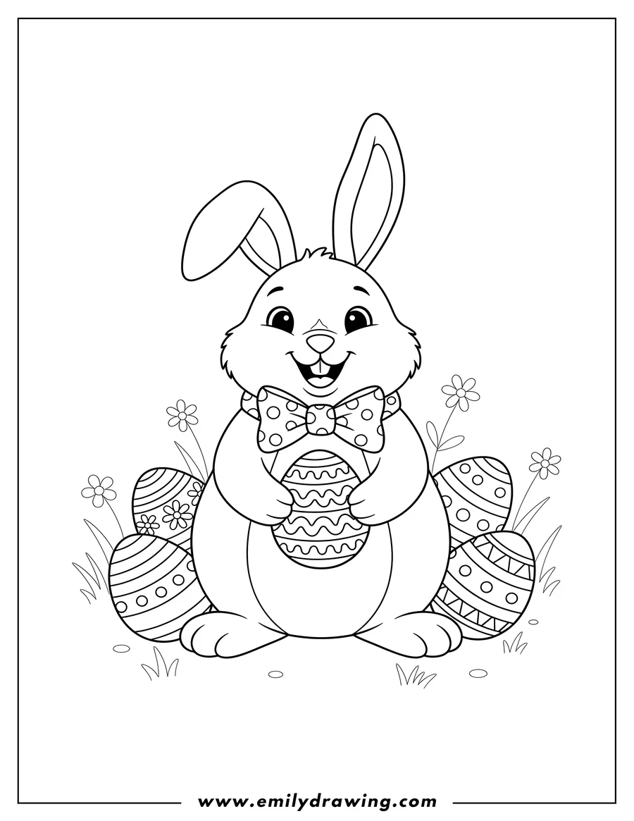 Simple sketch of cute Easter Bunny wearing a bow tie, smiling and holding an egg, surrounded by decorated eggs to color