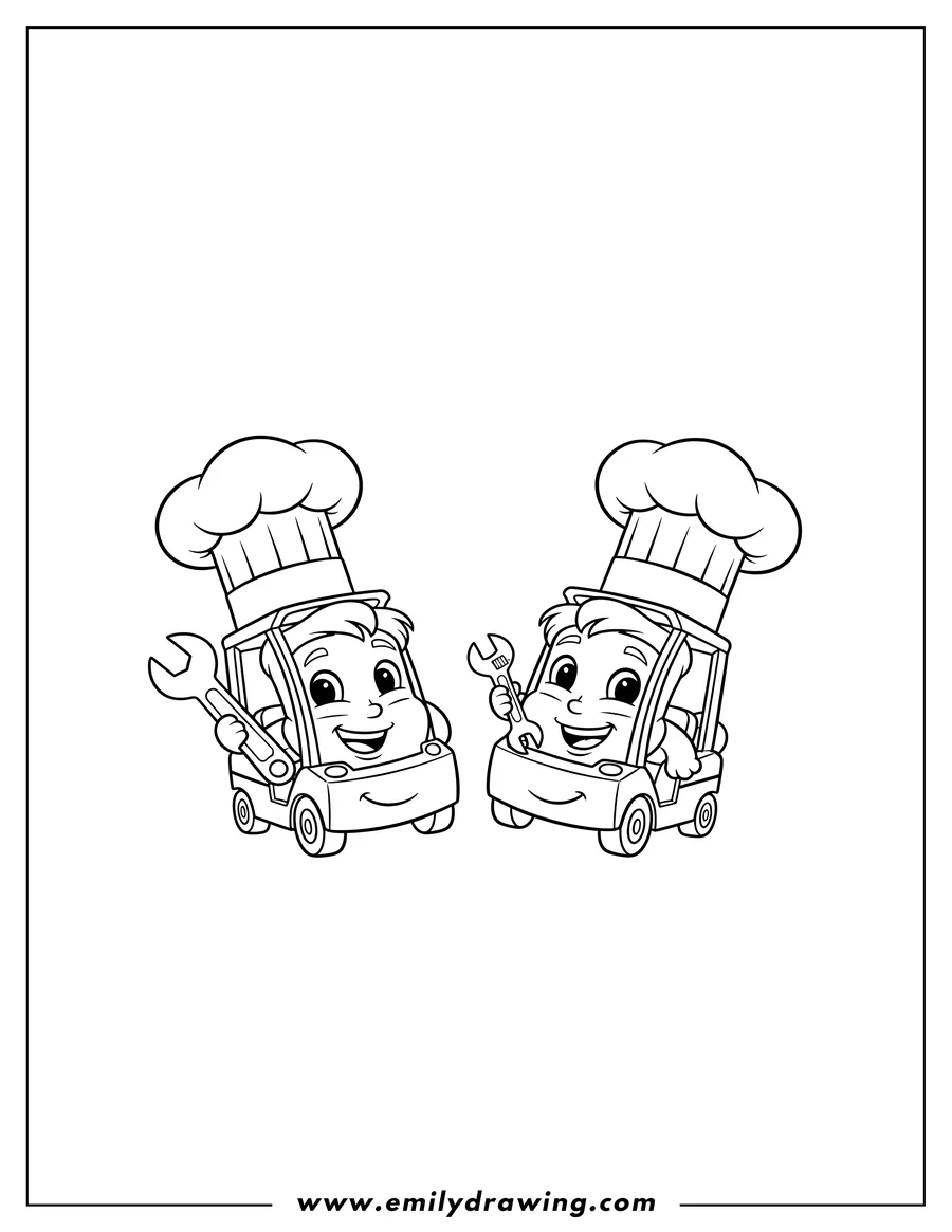Downloadable coloring page of cute Guido Preschoolers wearing a chef's hat and holding a wrench