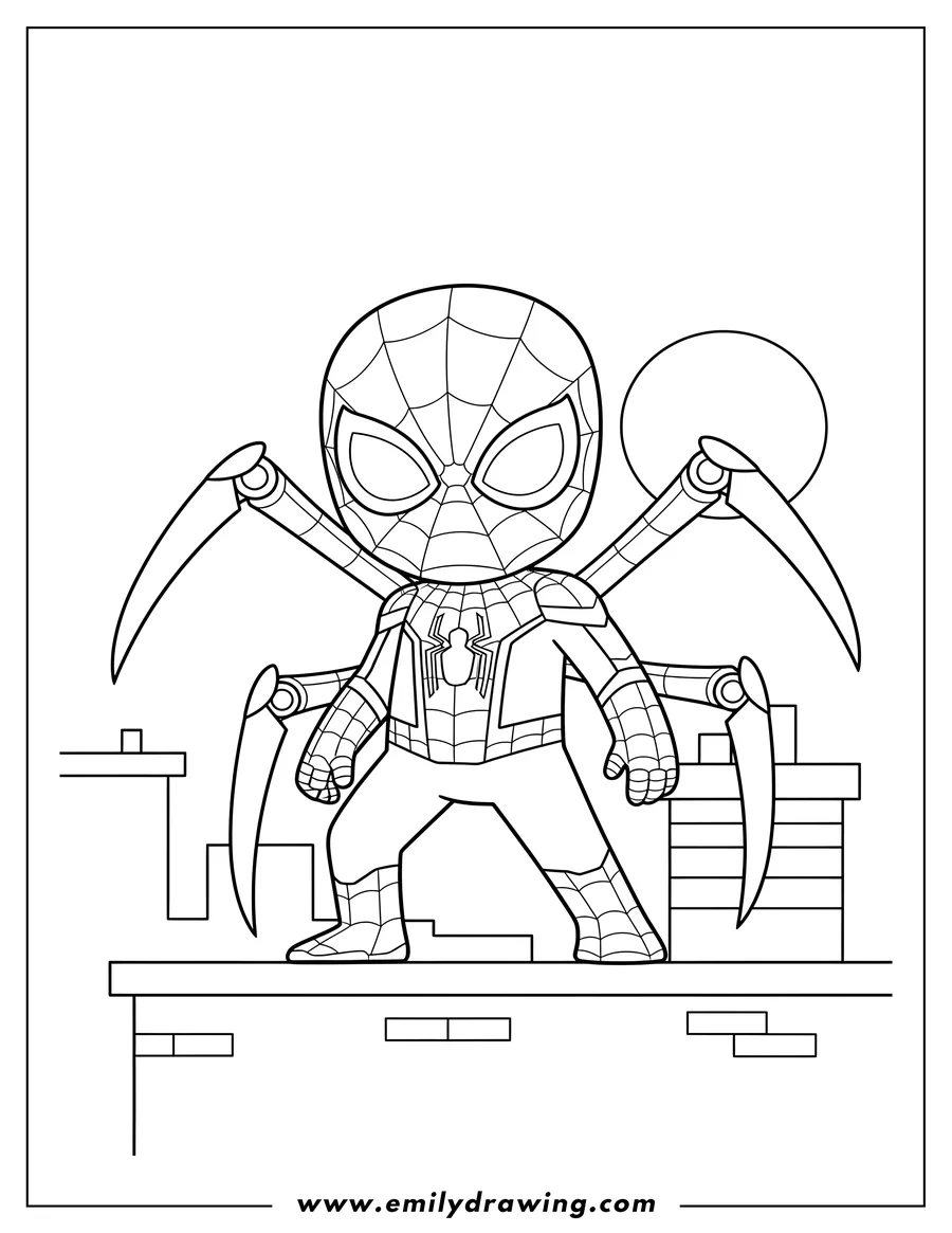 Linear illustration of A coloring page of a cute Iron Spider-Man standing with his mechanical spider-legs extended on a rooftop