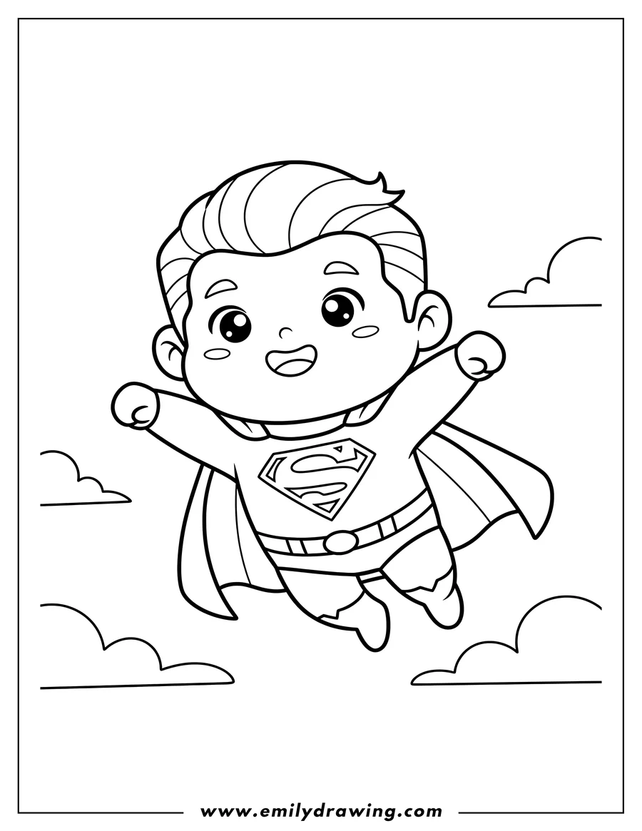 Outline drawing of cute Kawaii Superman Scaled, flying with cape, smiling