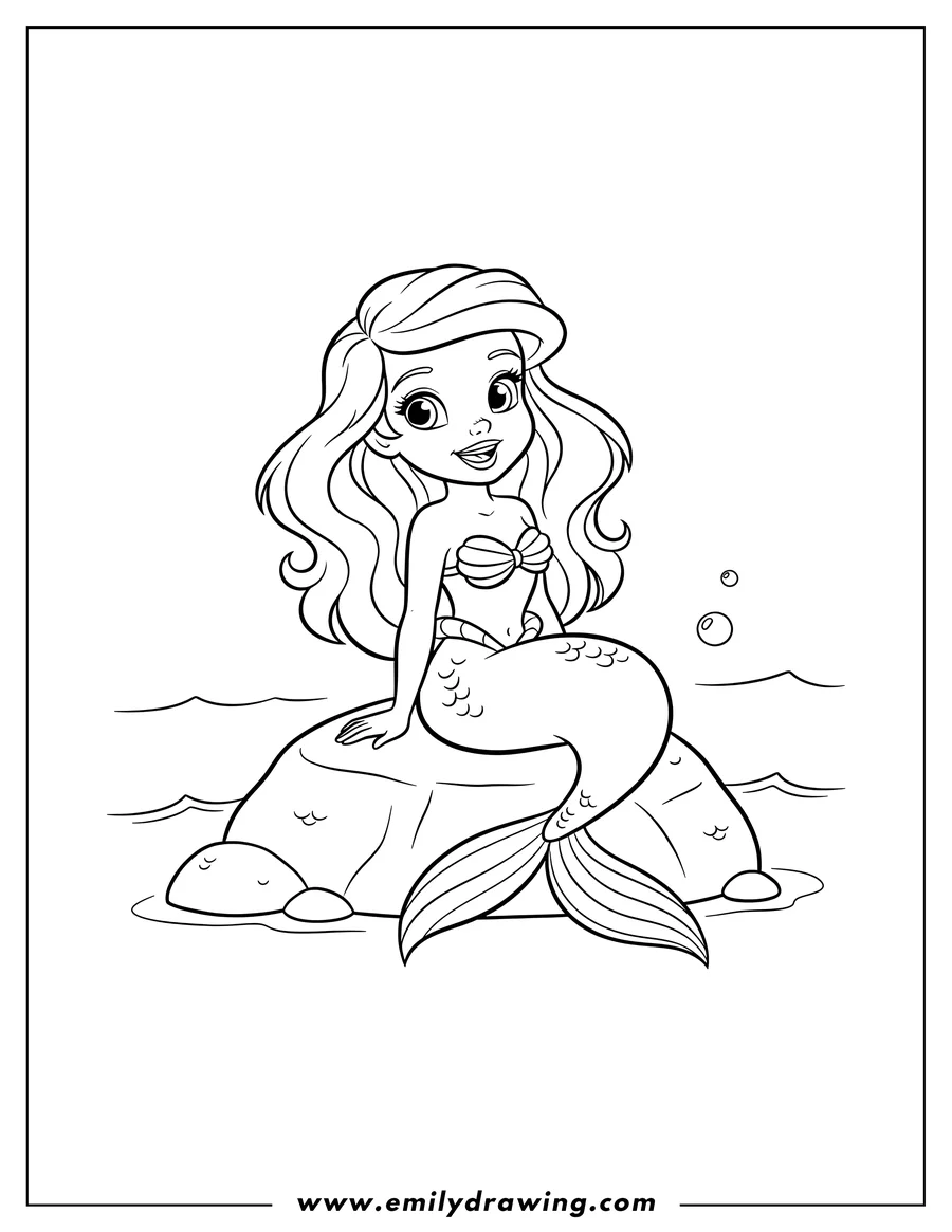 Simple sketch of cute Little Ariel On Rock, smiling, with her mermaid fin to color