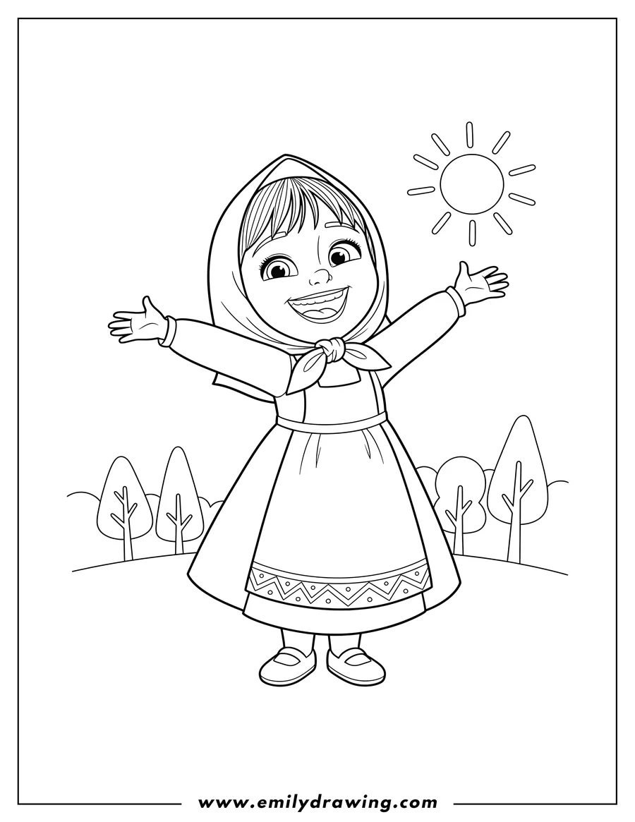 High quality printable cute Masha with open arms, smiling and wearing a headscarf for coloring