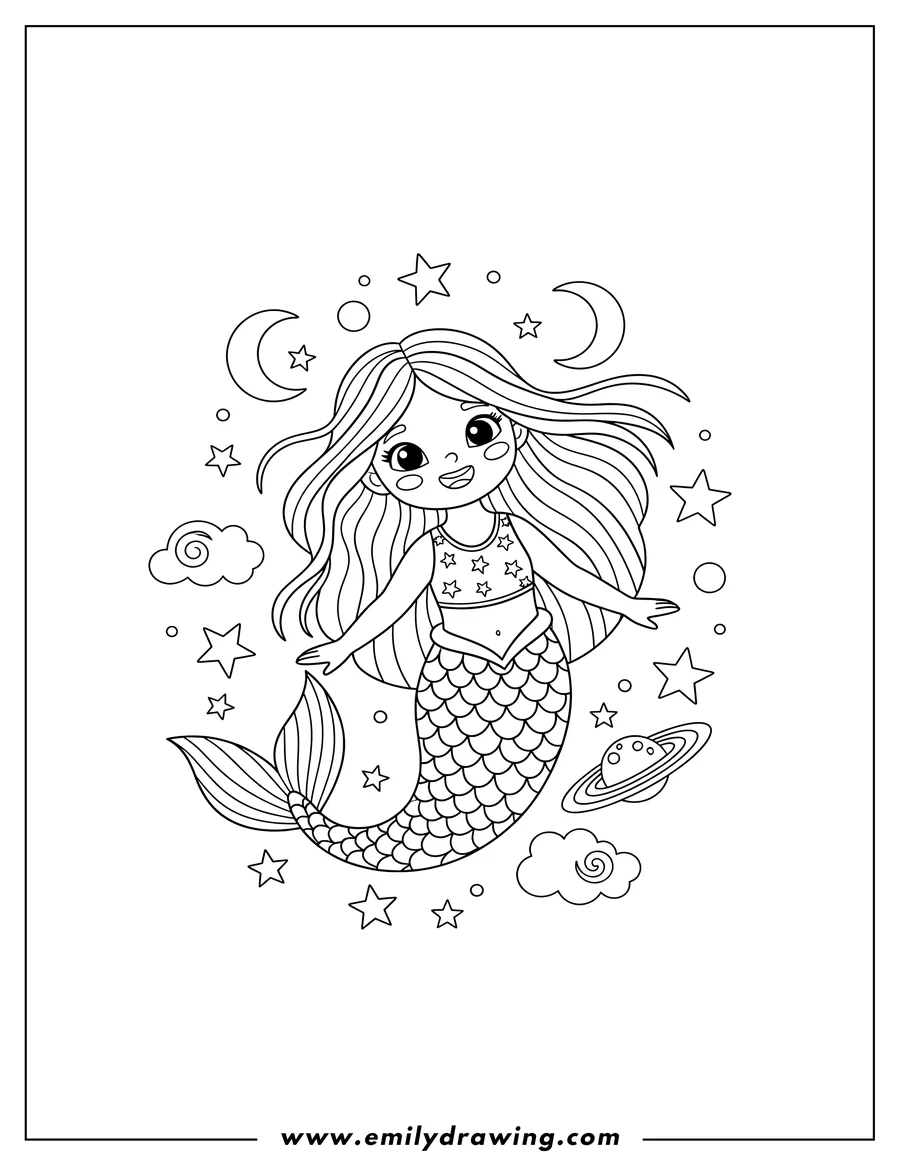 Printable line art of cute Mermaid Swimming Night Sky, smiling and wearing a star top