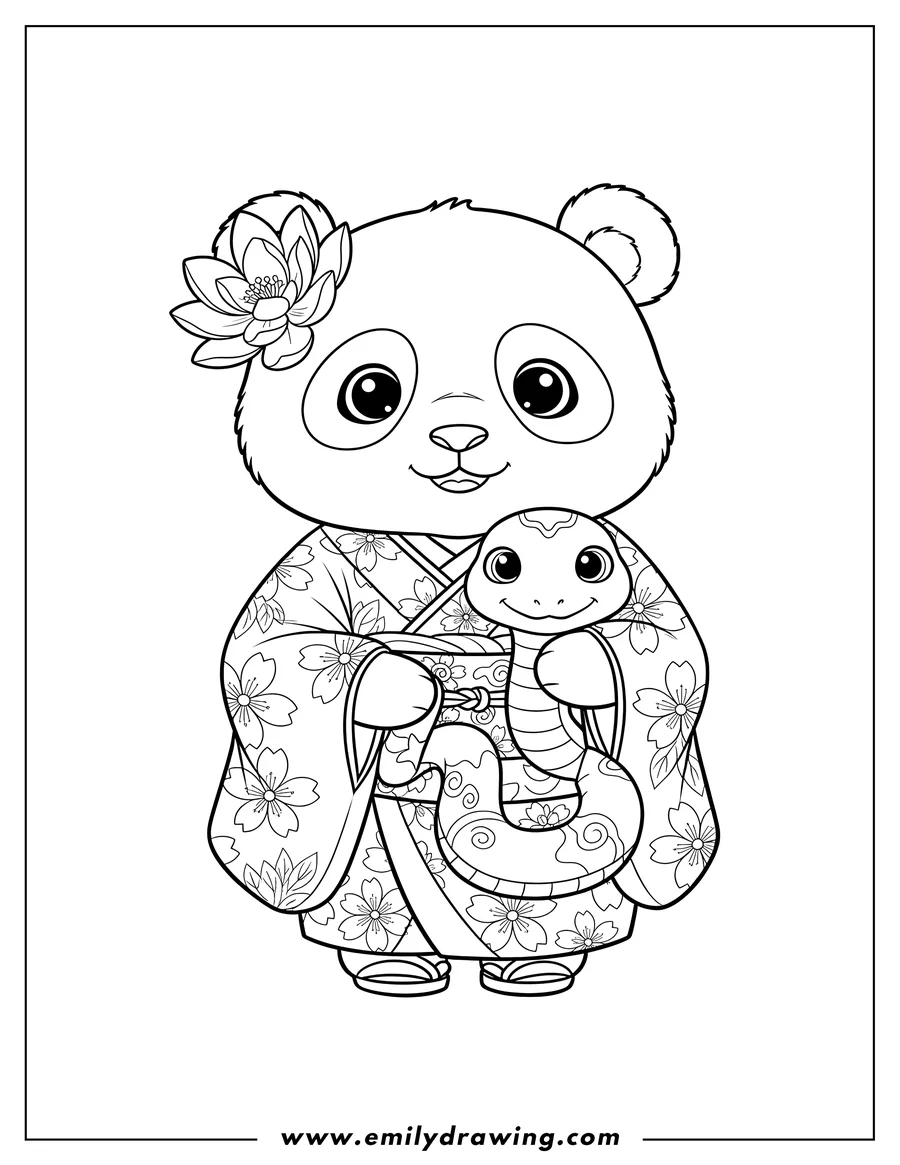 Linear illustration of A cute panda, Lei Lei, wearing a kimono with a flower in her hair, holding a snake doll