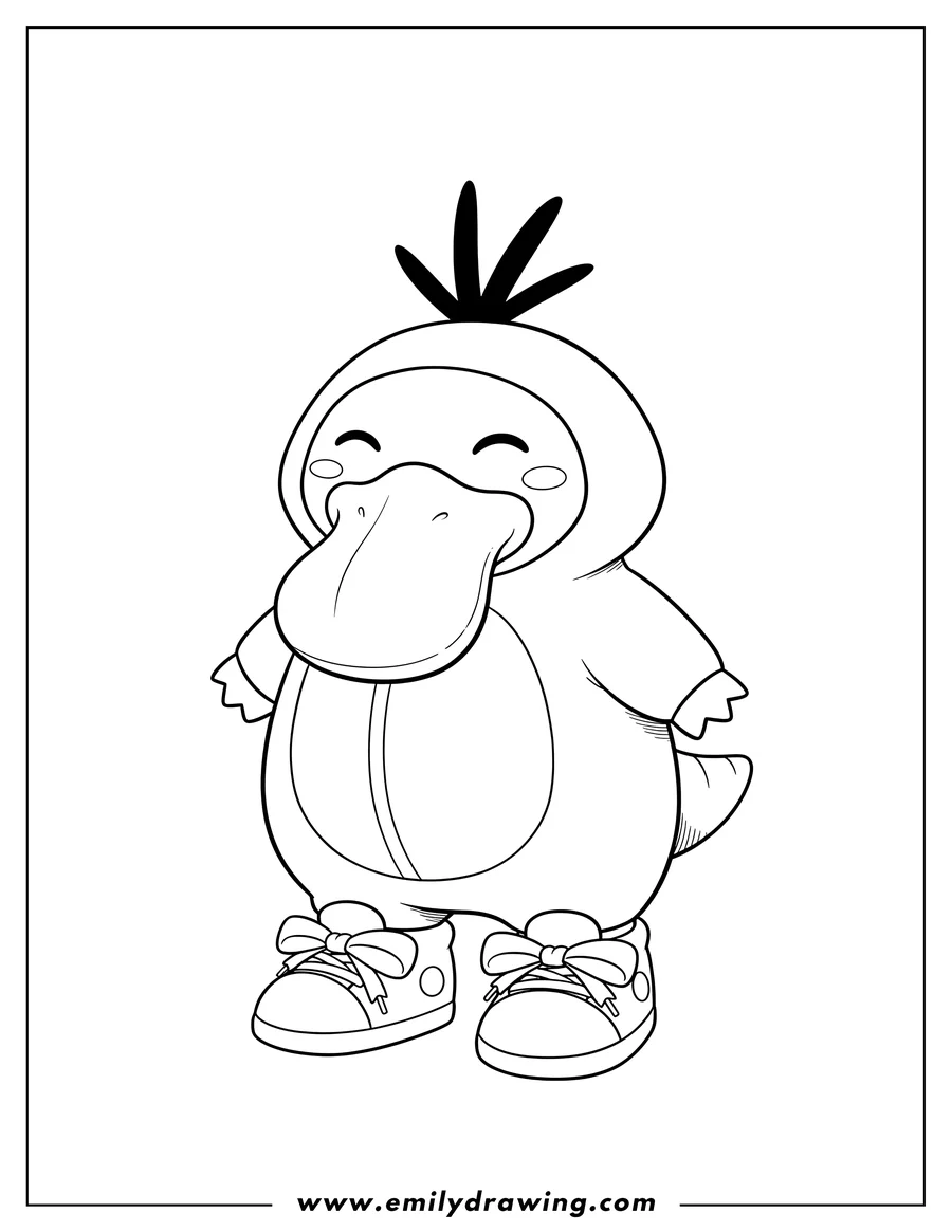 Printable line art of cute Psyduck Onesie, smiling with eyes closed and wearing shoes