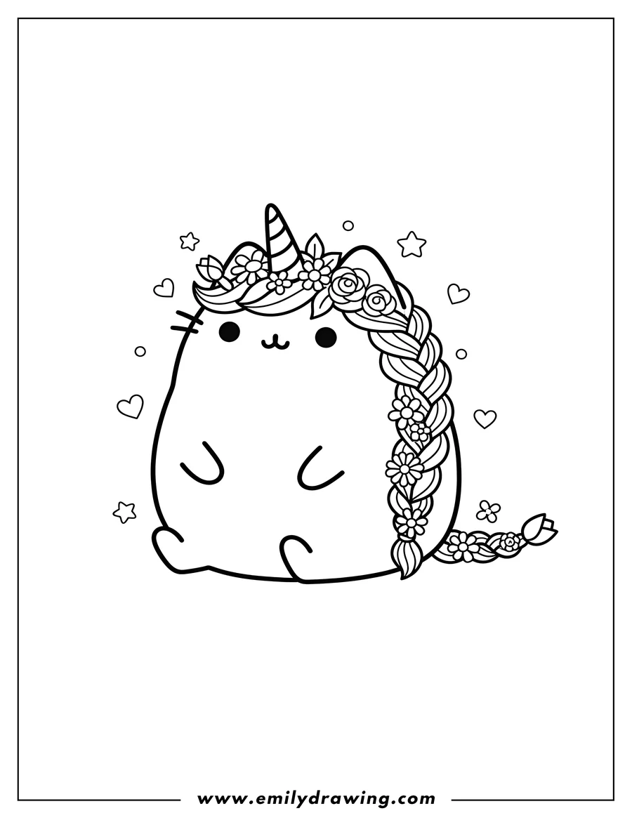 Full page coloring image of cute Pusheen Unicorn sitting, with braided hair and flowers