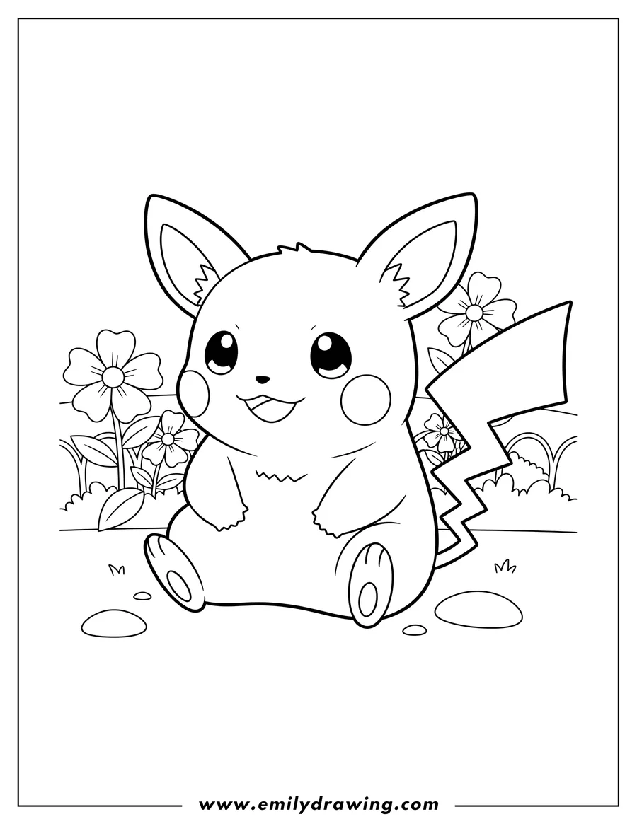 Doodle style coloring picture of cute Raichu sitting with paws on belly in a garden