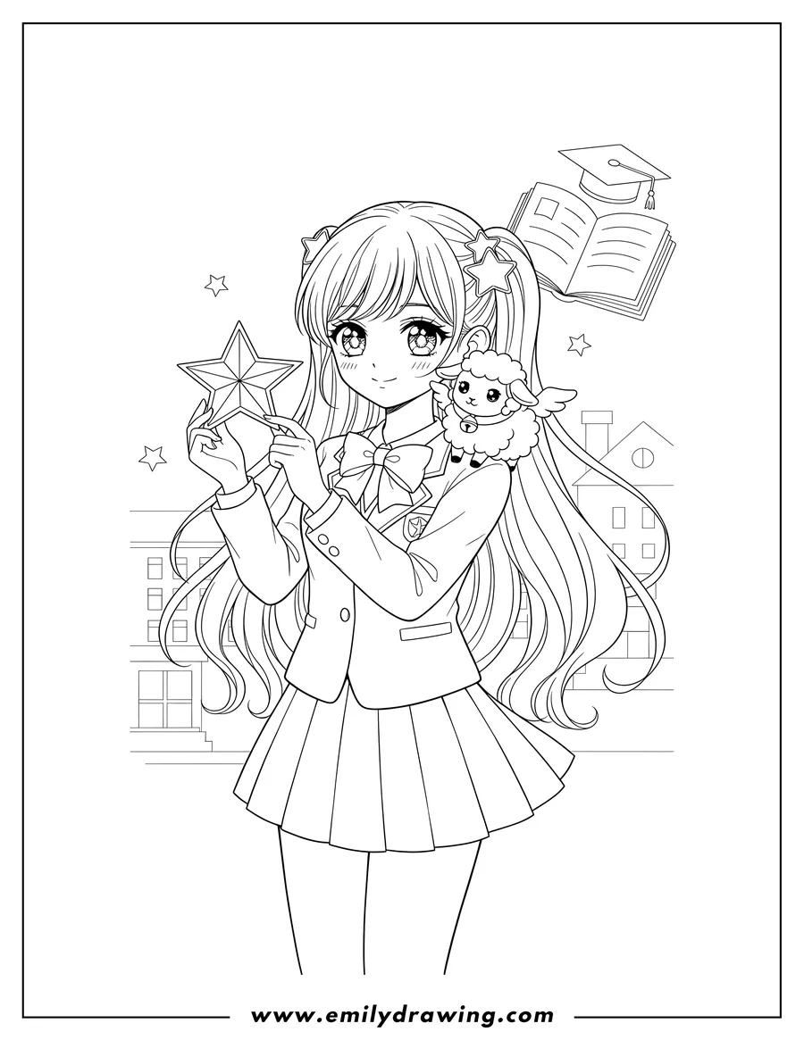 Linear illustration of cute School Days Manga High School Girl holding a star pendant with a small sheep creature