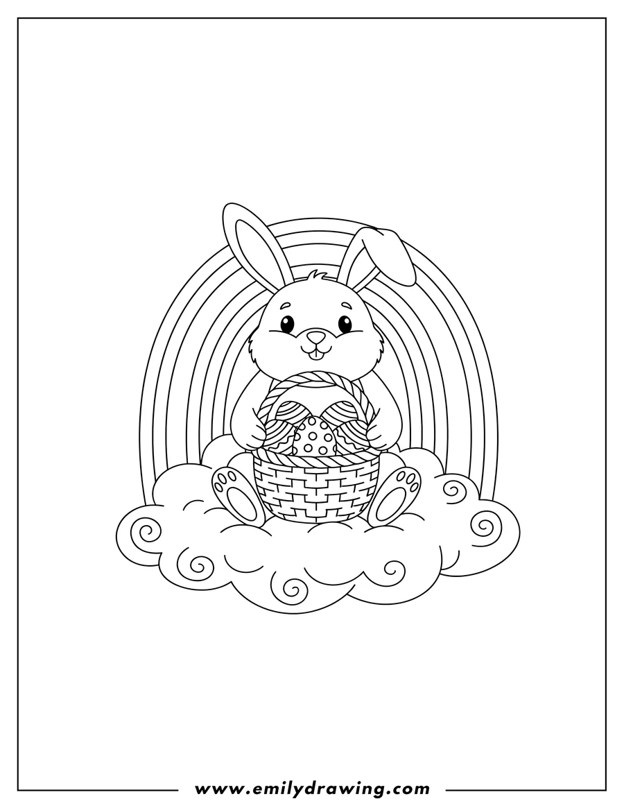 Free to print drawing of cute simple Easter bunny sitting on a cloud, holding a basket of Easter eggs, under a rainbow, for preschoolers