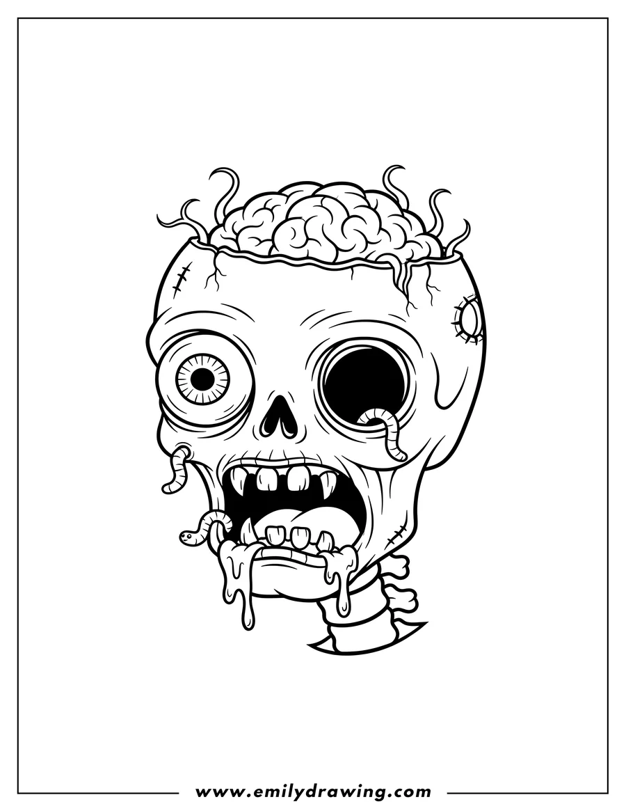 Free printable coloring sheet of A cute zombie head with exposed brains, one large veiny eye, and a drooling open mouth