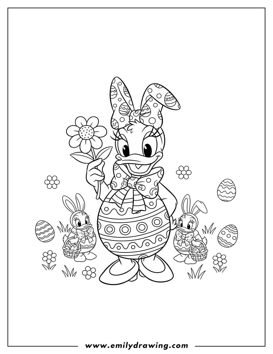 Clean line drawing: daisy Duck Easter Egg Preschoolers with bunny ears, a bow, and a flower
