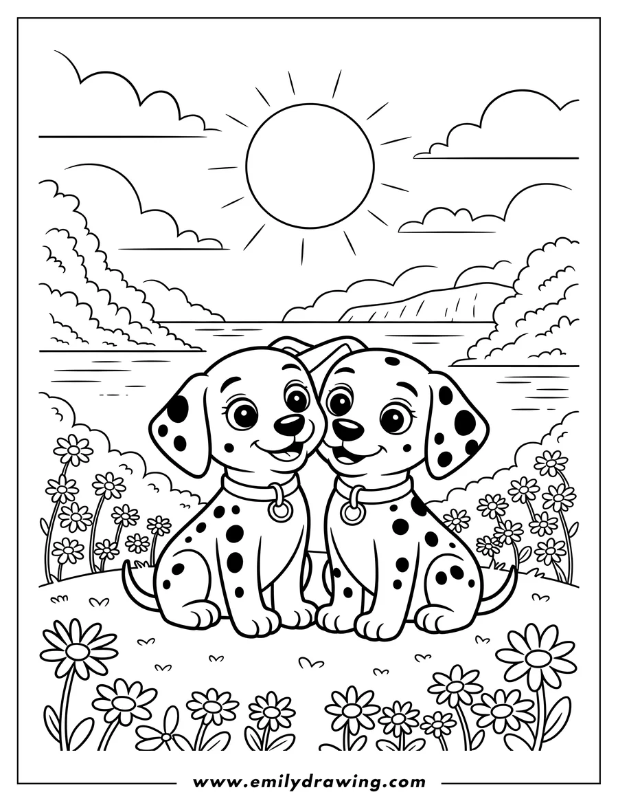 Black and white line art of dalmatian Puppy