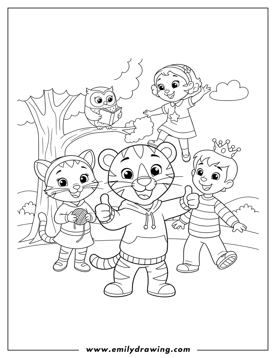 Doodle style coloring picture of daniel Tiger giving a thumbs-up with his friends