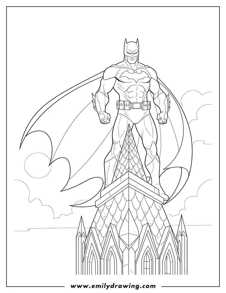 Full page coloring image of dark Knight Batman Standing On Building Scaled with his cape flowing and fists clenched