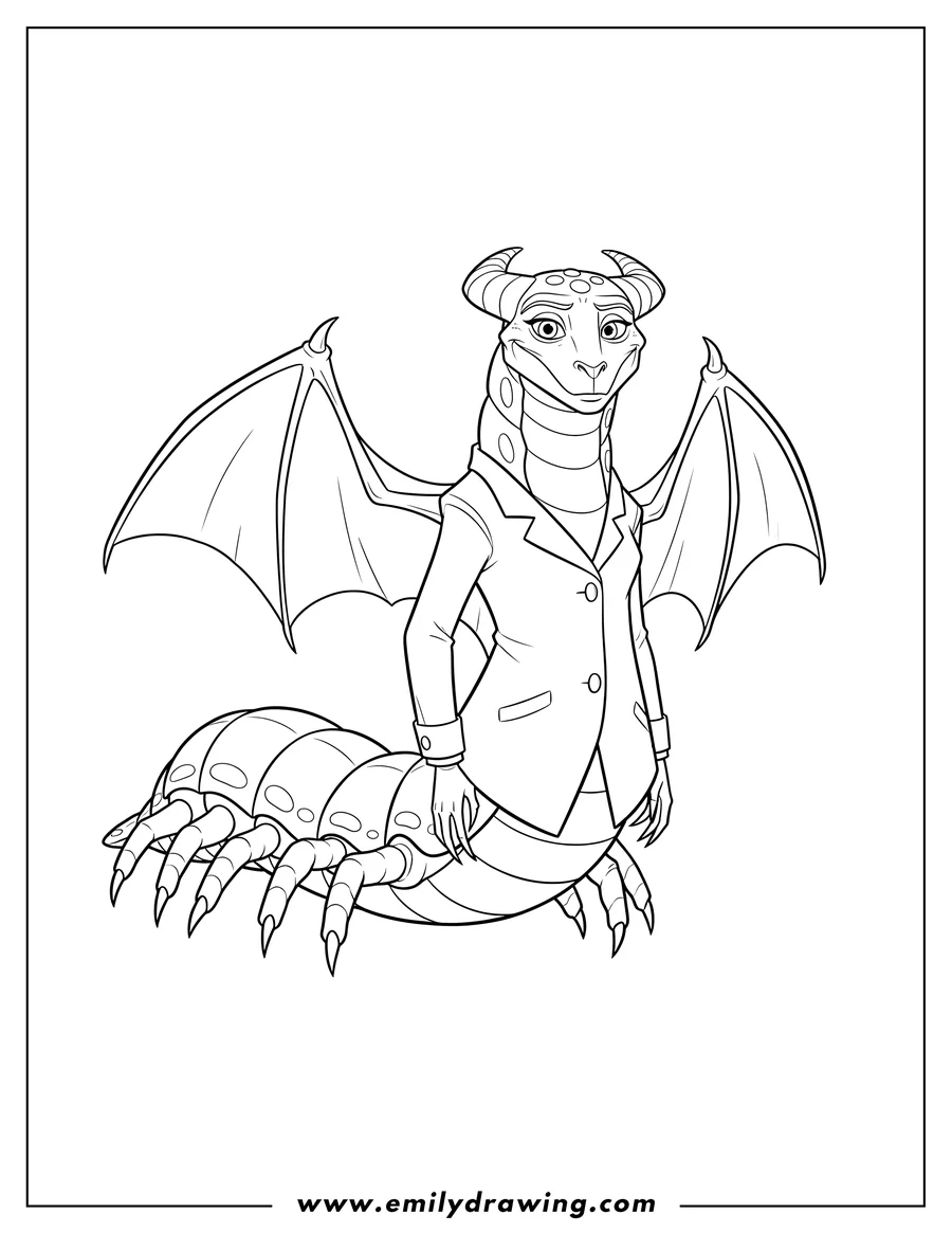 High quality printable dean Hardscrabble From Monsters Inc, a winged, centipede-like creature wearing a jacket, To Color Scaled for coloring
