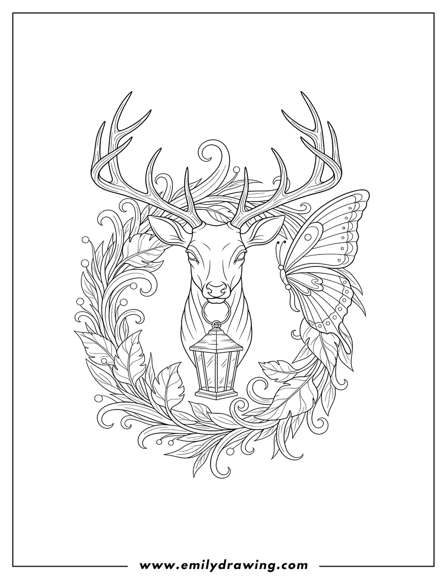 Doodle style coloring picture of deer head with antlers and a hanging lantern, surrounded by plants and a butterfly wing, Tattoo