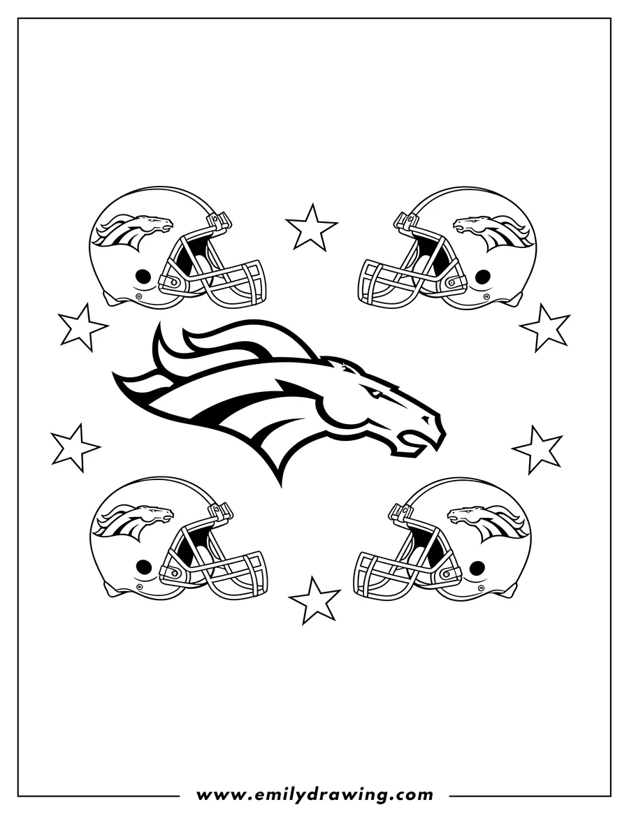 Coloring page for kids: large central Denver Broncos Logo with four football helmets and four stars