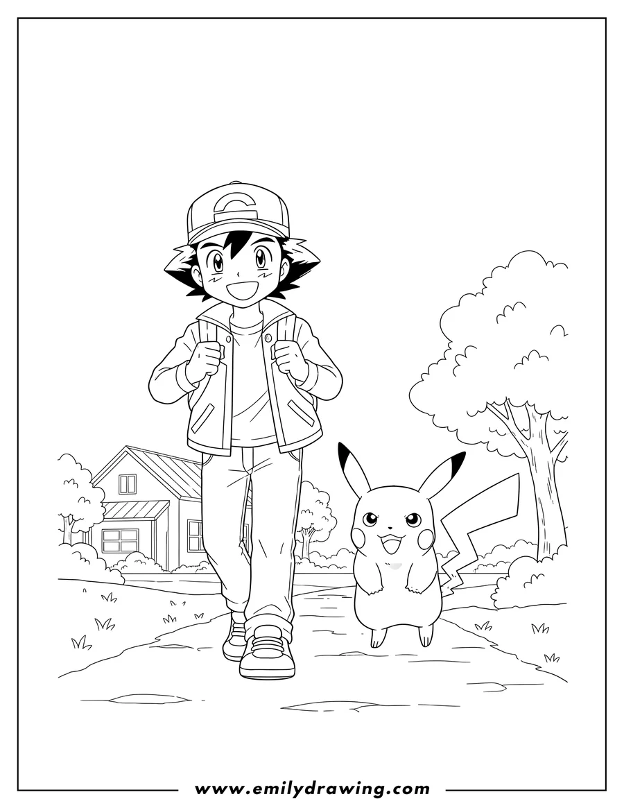 Free printable coloring sheet of detailed Ash And Pikachu walking, Ash smiling cheerfully, Pikachu with a determined expression