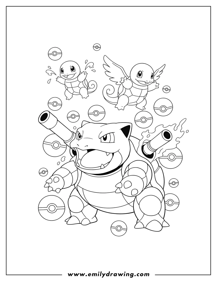 Linear illustration of detailed Blastoise roaring with Squirtle and Wartortle flying above it, surrounded by Pokeball outlines