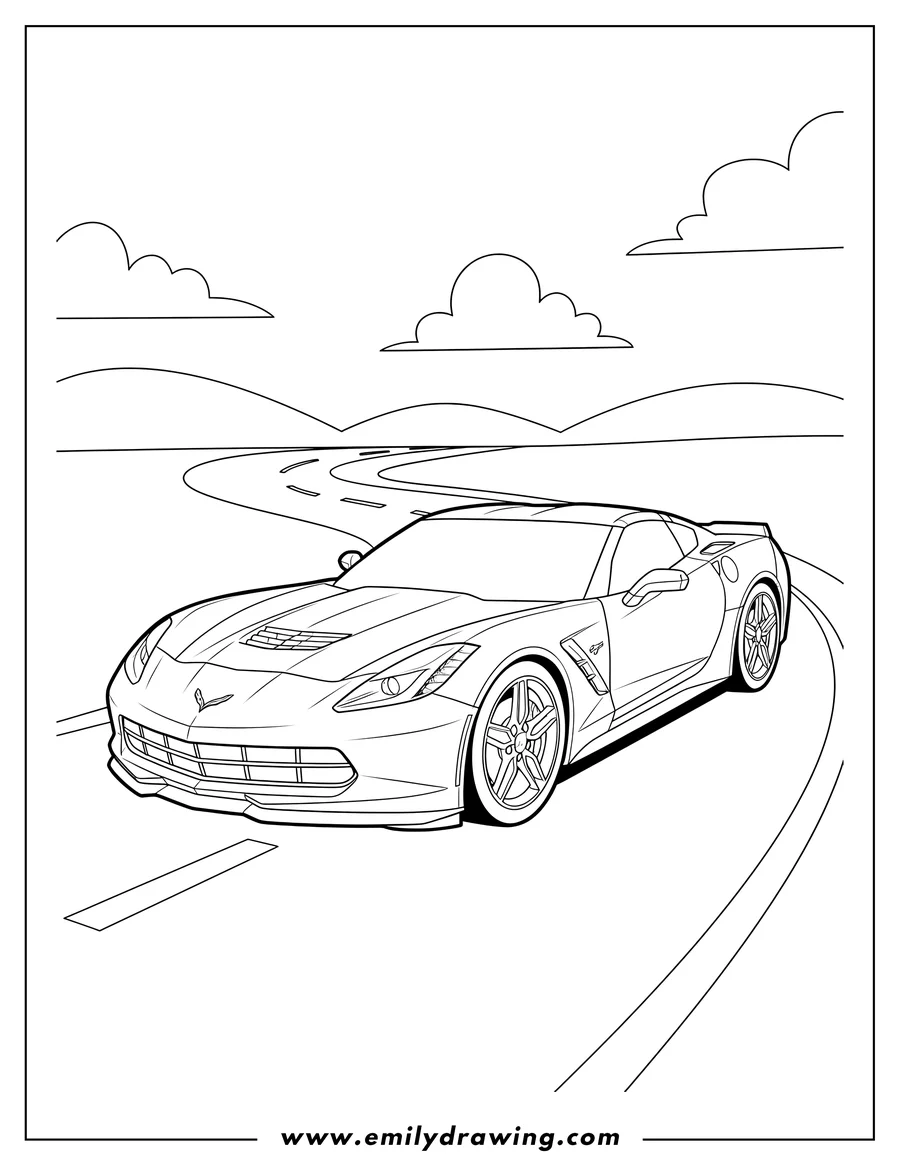 High quality printable detailed Corvette Stingray on a winding road, front-side view, to color for coloring