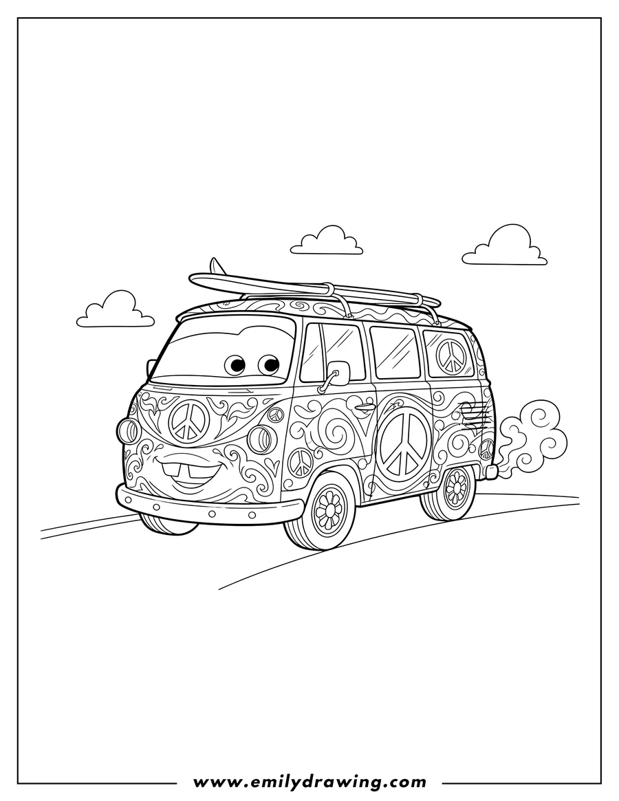 Black and white line art of detailed Fillmore, the decorated hippie van, driving