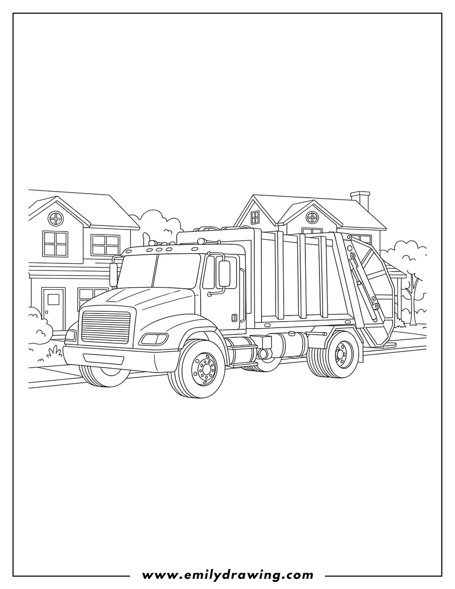 Simple sketch of detailed garbage truck, front-side view, parked in front of suburban houses to color