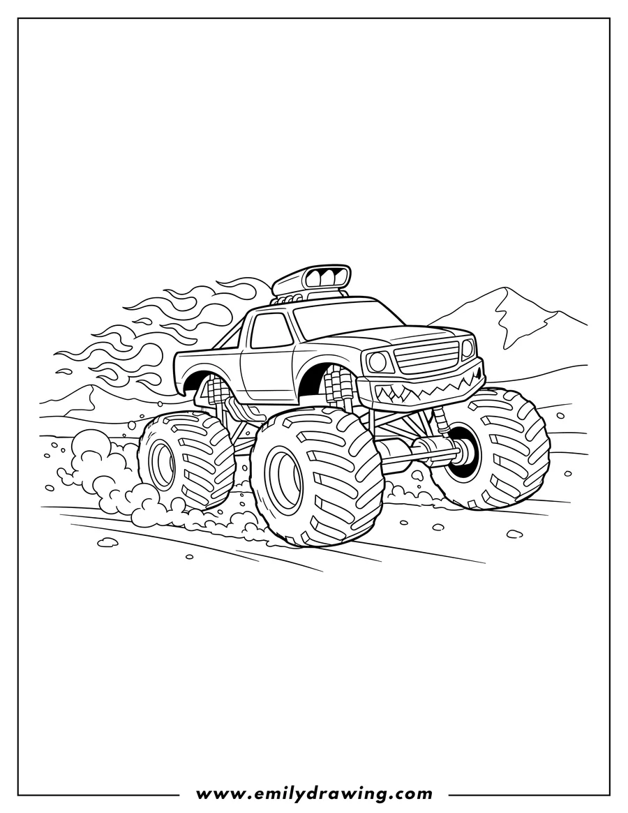 Coloring page for kids: detailed Hot Wheels Monster Truck speeding with flames