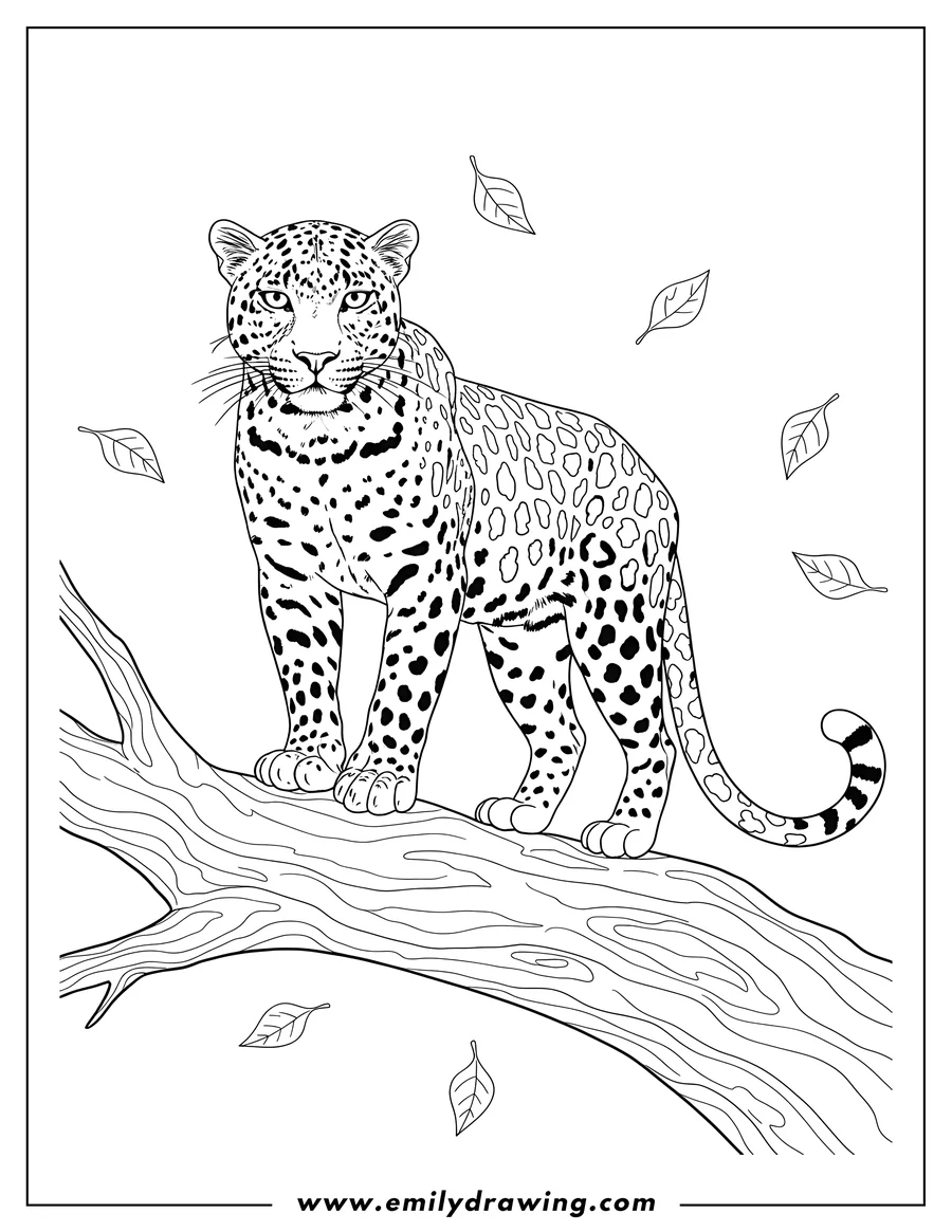Doodle style coloring picture of detailed Leopard standing on a thick tree branch, looking forward