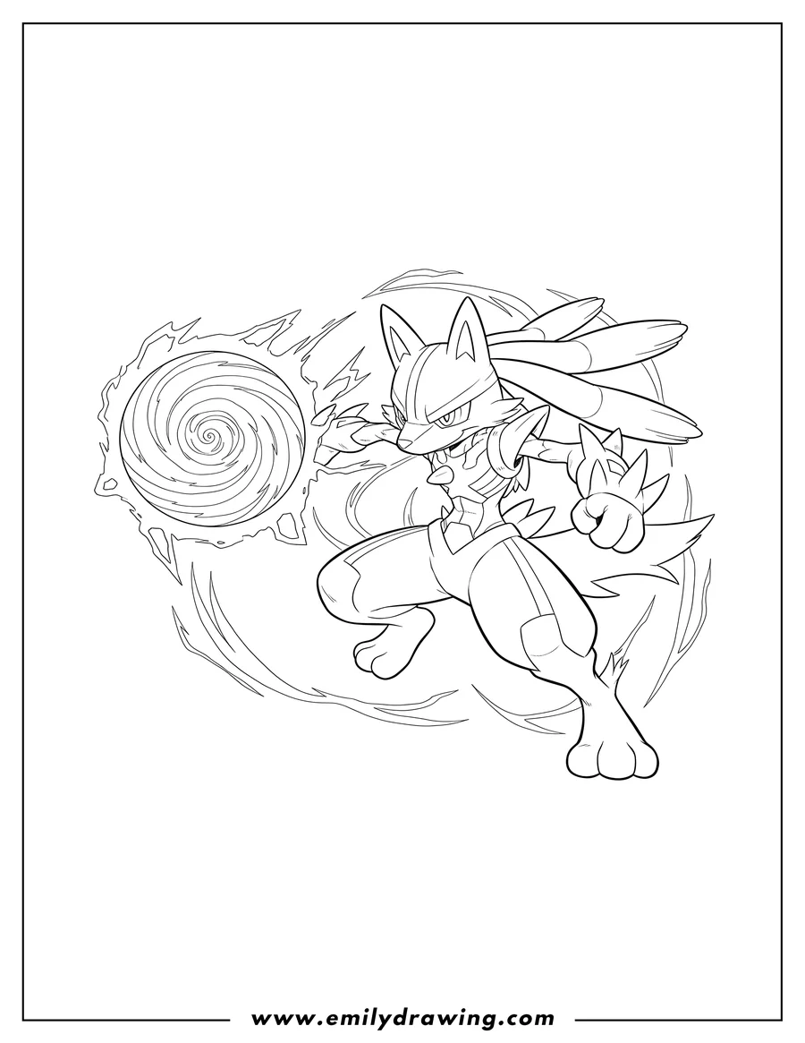 Coloring page of detailed Mega Lucario in a powerful lunge, preparing an Aura Sphere Attack