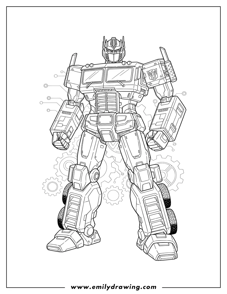 Printable coloring page of detailed Optimus Prime Scaled, standing with clenched fists
