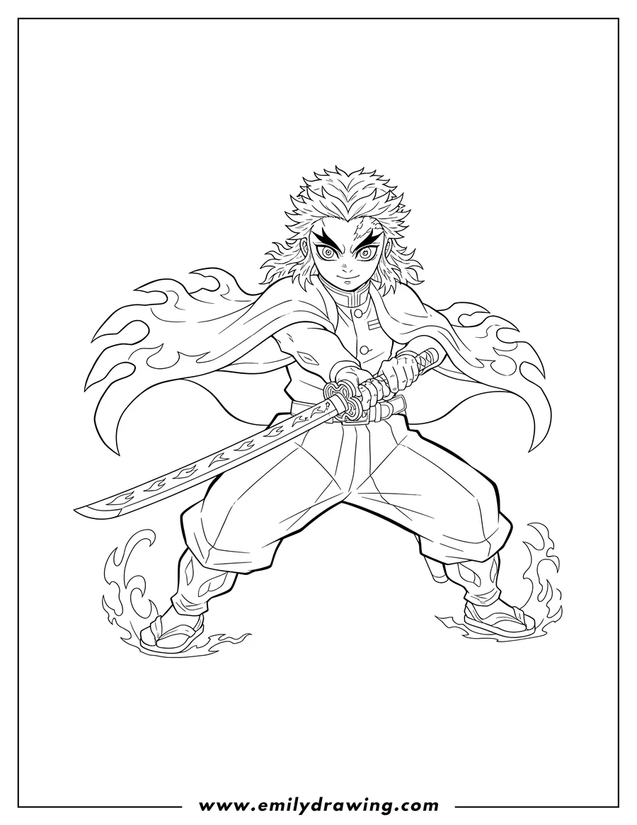Doodle style coloring picture of detailed Outline Kyojuro Rengoku holding his Nichirin Blade in a dynamic pose