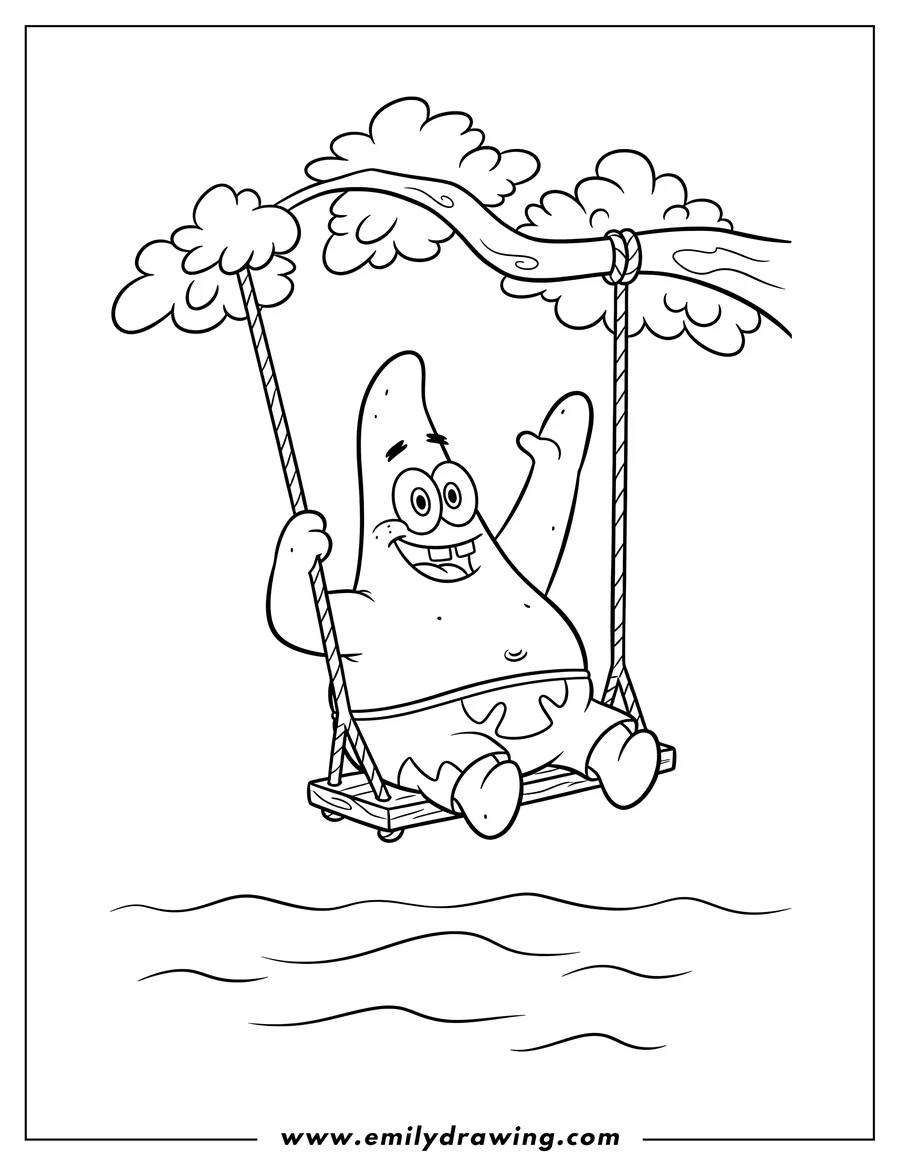 Doodle style coloring picture of detailed Patrick Star on a rope swing, grinning with one arm up
