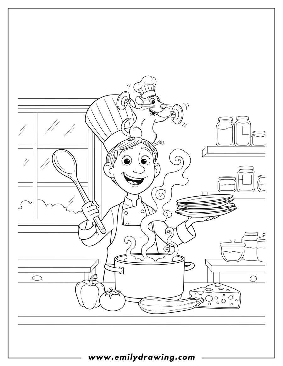 Black and white line art of detailed Ratatouille and Alfredo cooking, with Remy stirring a pot and holding cymbals