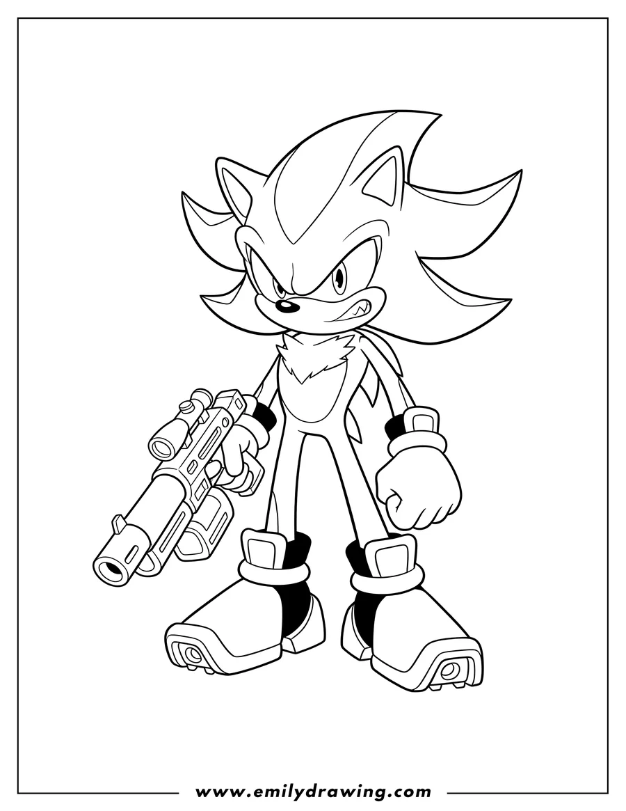 Black and white line art of detailed Shadow standing, holding a gun with an angry expression