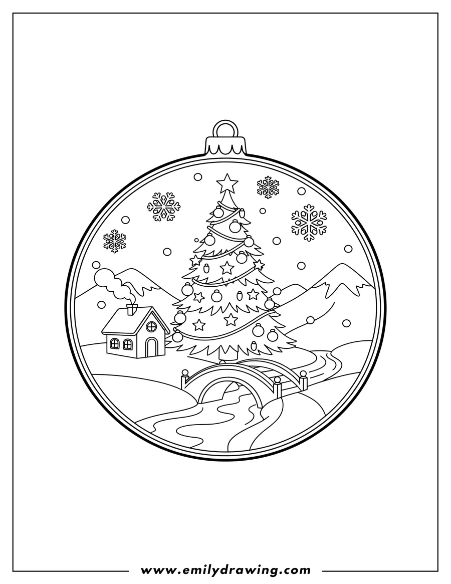 Printable line art of detailed Winter Landscape Inside Christmas Bauble Ornament featuring a decorated Christmas tree, a small house, and a bridge