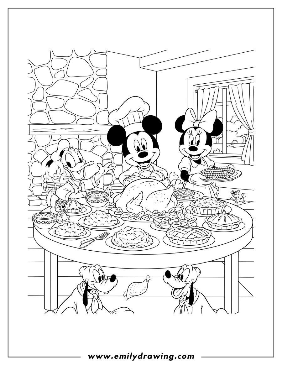 Clean line drawing: disney Thanksgiving Disneyv2, featuring Mickey, Minnie, Donald, Chip, Dale, and Pluto, gathered around a table for a turkey dinner