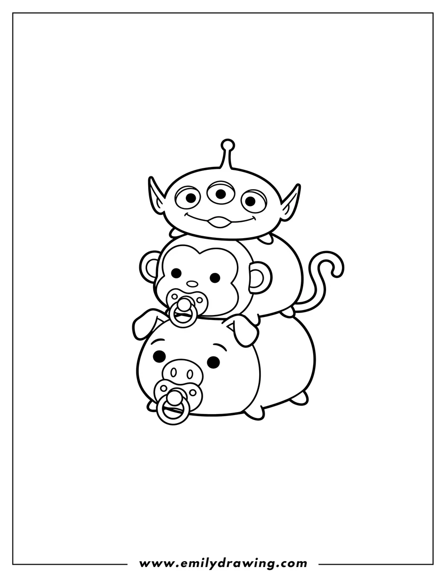 Free printable coloring sheet of disney Tsum Tsum stack of Alien, a monkey, and Hamm, with the monkey and Hamm holding pacifiers