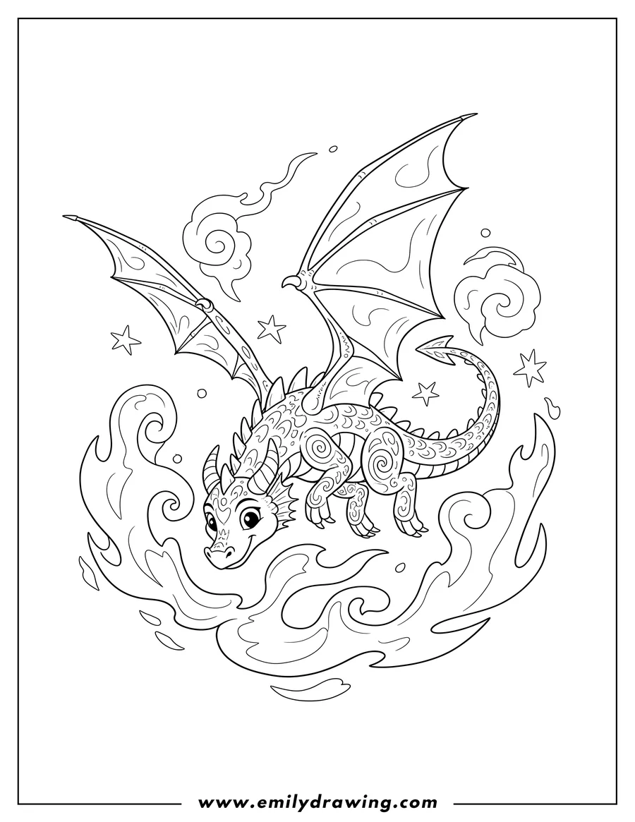 High quality printable A dragon coloring page, flying and swooping down, surrounded by flames for coloring