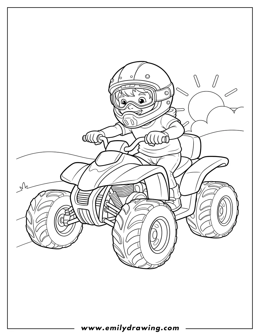 Free printable coloring sheet of driver wearing a helmet riding a massive ATV, gripping handlebars