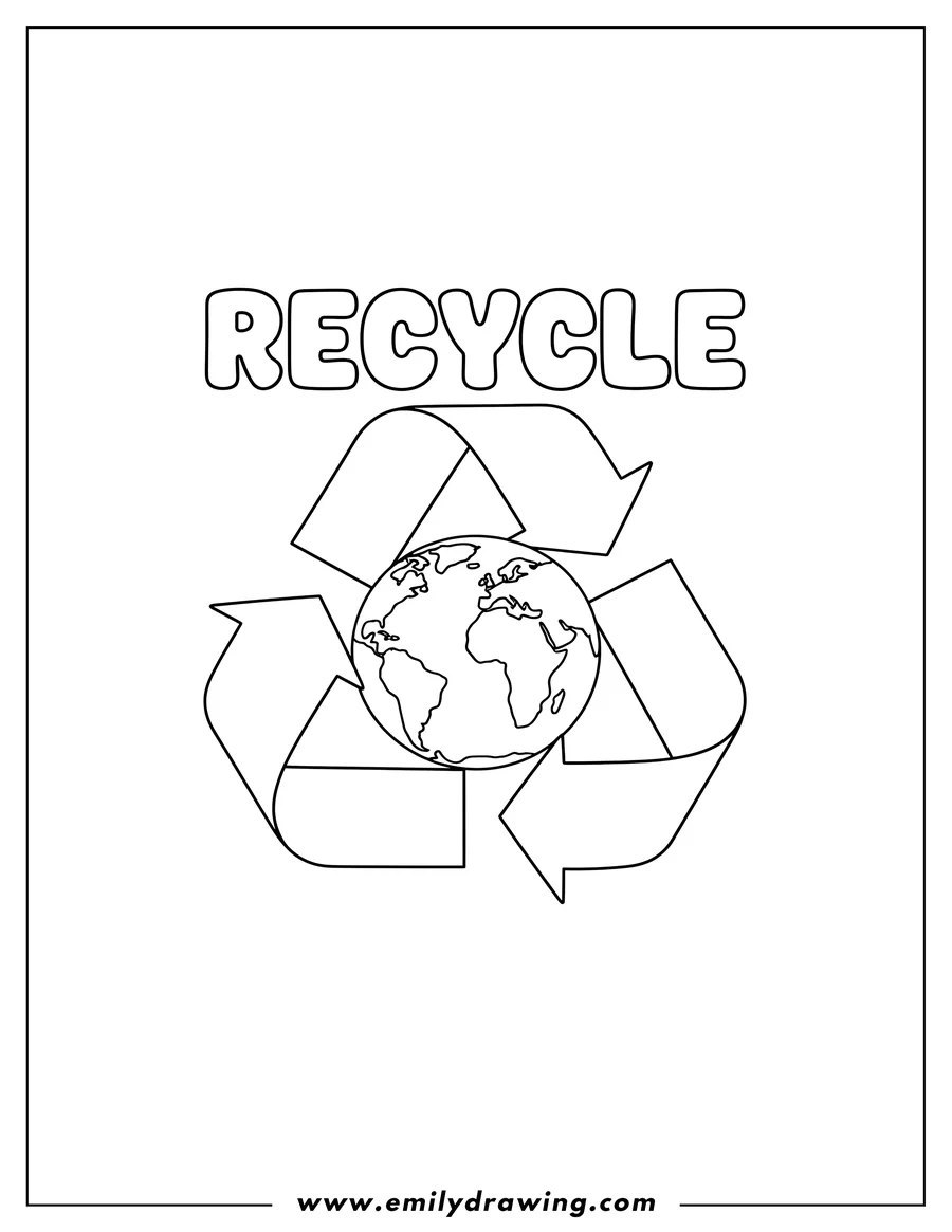 High quality printable earth Inside Recycle Symbol with the word RECYCLE above for coloring