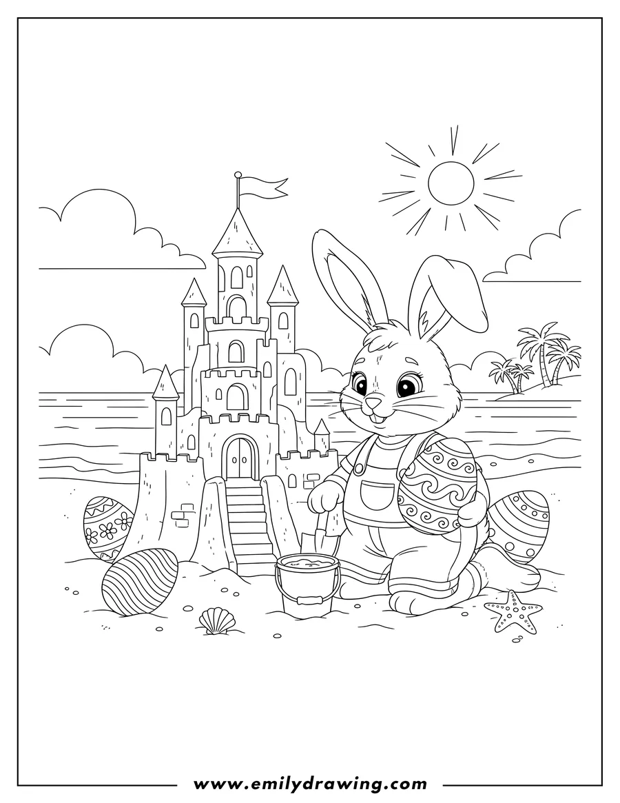 PDF style coloring page: easter Bunny building a sandcastle, holding an Easter egg and surrounded by other Easter eggs, on a sunny day