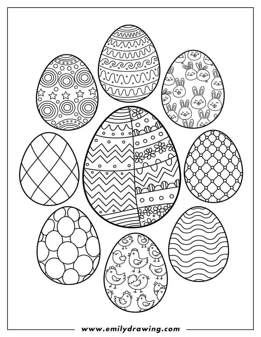 Black and white line art of easter Egg Templates on coloring pages, featuring various patterns