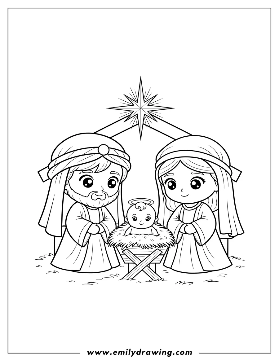 Clean line drawing: easy Chibi Nativity with Joseph and Mary smiling at baby Jesus in a manger