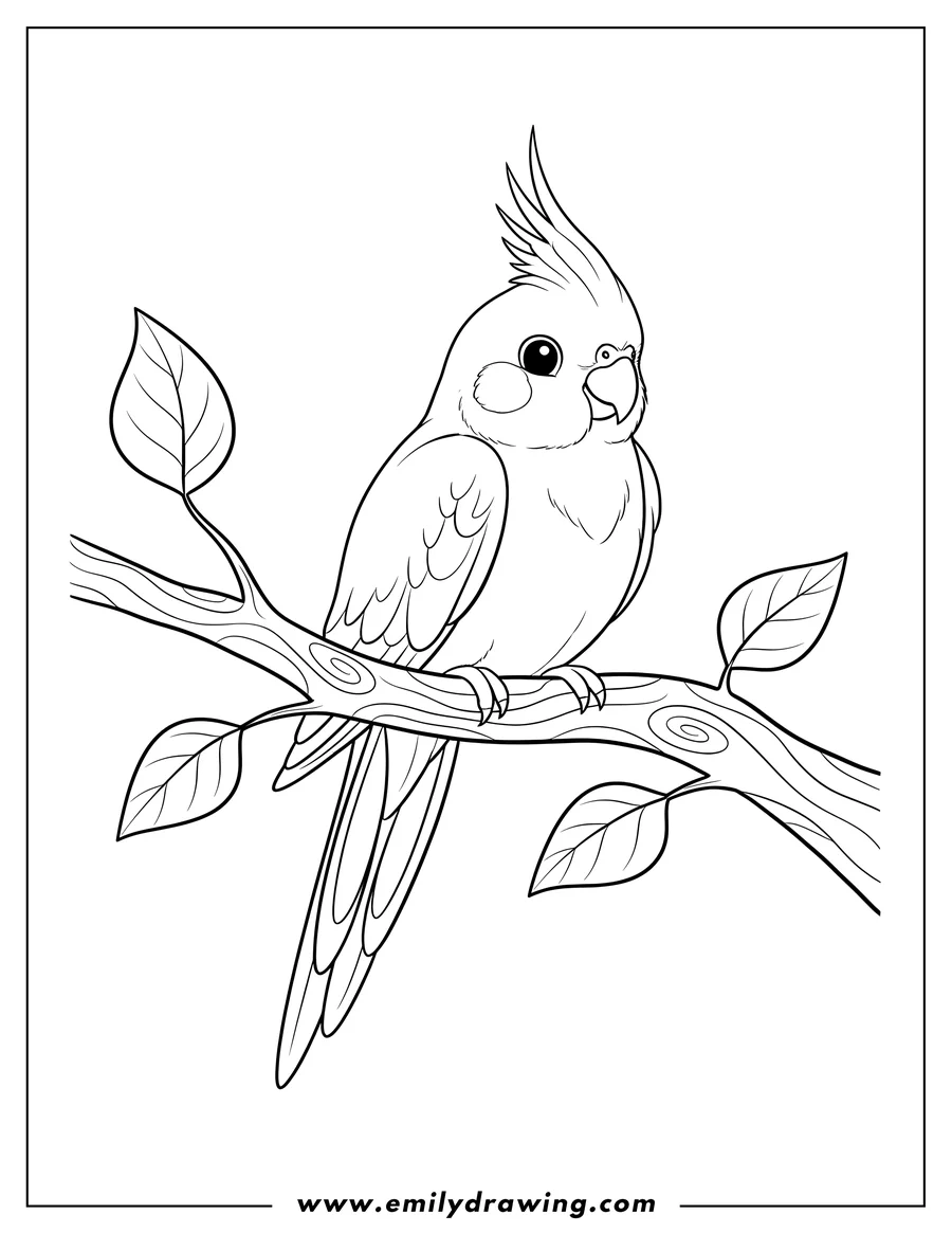 Vector style outline of easy Cockatiel Sitting on a Branch To Color