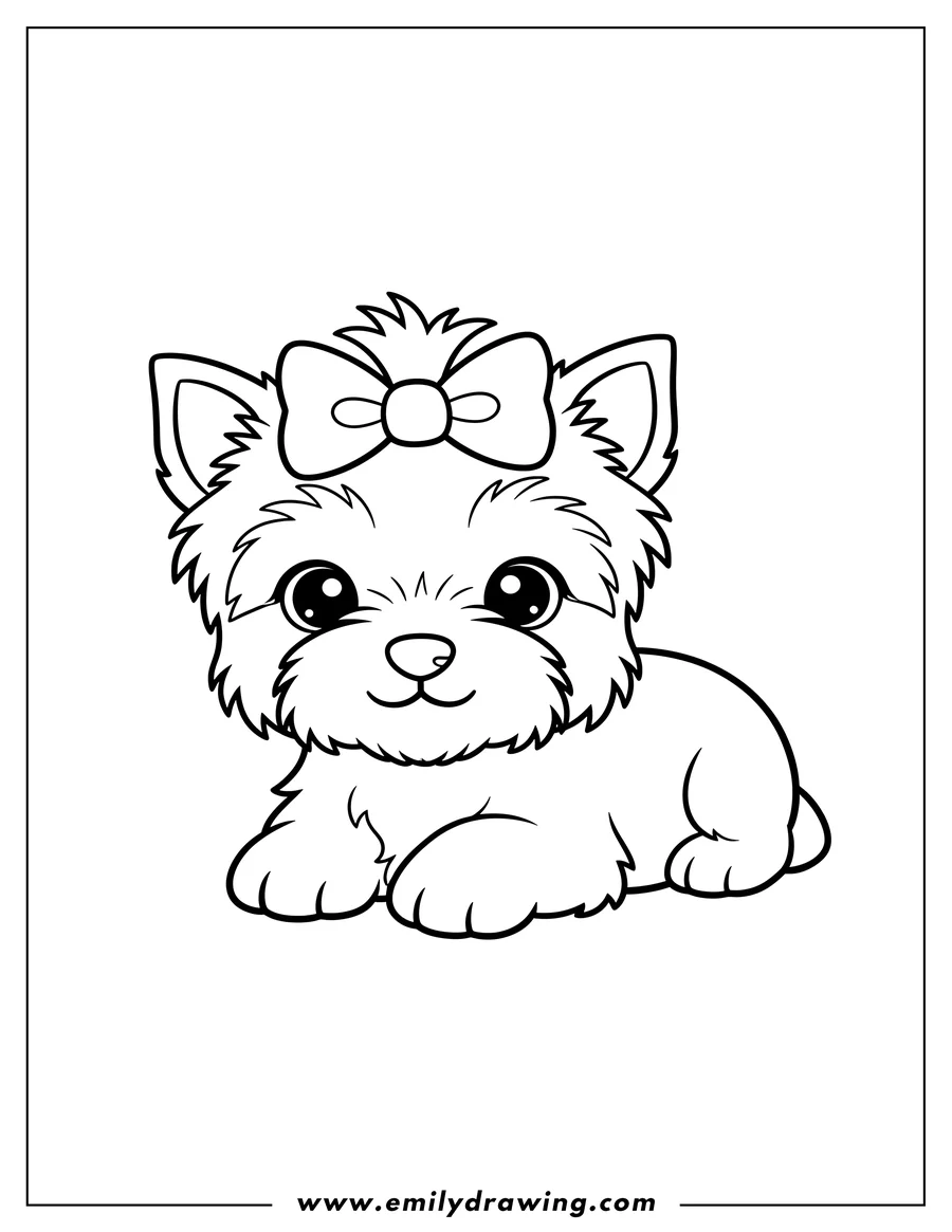 PDF style coloring page: easy Cute Yorkie puppy lying down for preschoolers