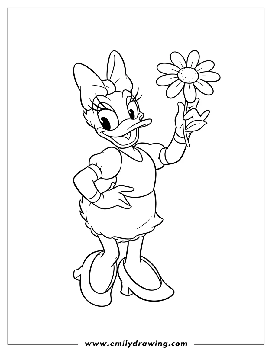 PDF style coloring page: easy Daisy Duck striking a pose