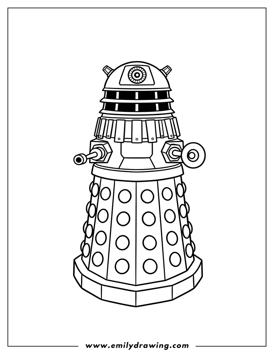 Coloring sheet featuring easy Gold Dalek outline, full body with eye stalk and weapon arm
