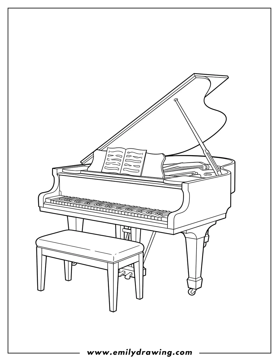Simple sketch of easy Grand Piano Outline with open lid, music stand, and bench to color